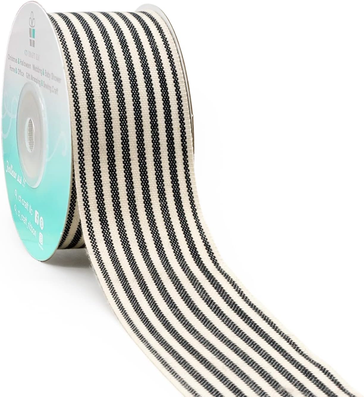 CT CRAFT LLC Ivory Cotton Black Stripes Ribbon 1.5" x 10 Yards for Home Décor Gift Present Wrapping DIY Crafts Birthday Wedding Bouquet Christmas