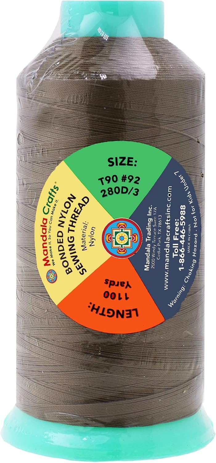 Mandala Crafts Bonded Nylon Thread Coyote Brown Heavy Duty Sewing Threads - 1100 YDs Size 92 280D T90 Tex 90 Thread for Leather Jeans Weaving Outdoor Marine Upholstery Threads