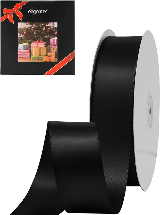 LIUYAXI Black Double Faced Satin Ribbon, 1" X Continuous 50 Yards, Ribbons Perfect for Gift Wrapping Wedding Bouquet Decor DIY Craft Bow Making & Other Projects