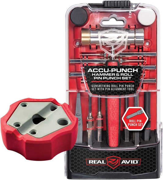 Real Avid Roll Pin Punch Set & Hammer + Non-Slip Magnetic Bench Block | 10 Nickel-Plated Steel Roll Pin Punches, 4 Interchangeable Hammer Heads - Brass, Steel, Ruber, Nylon & Non-Marring Bench Block