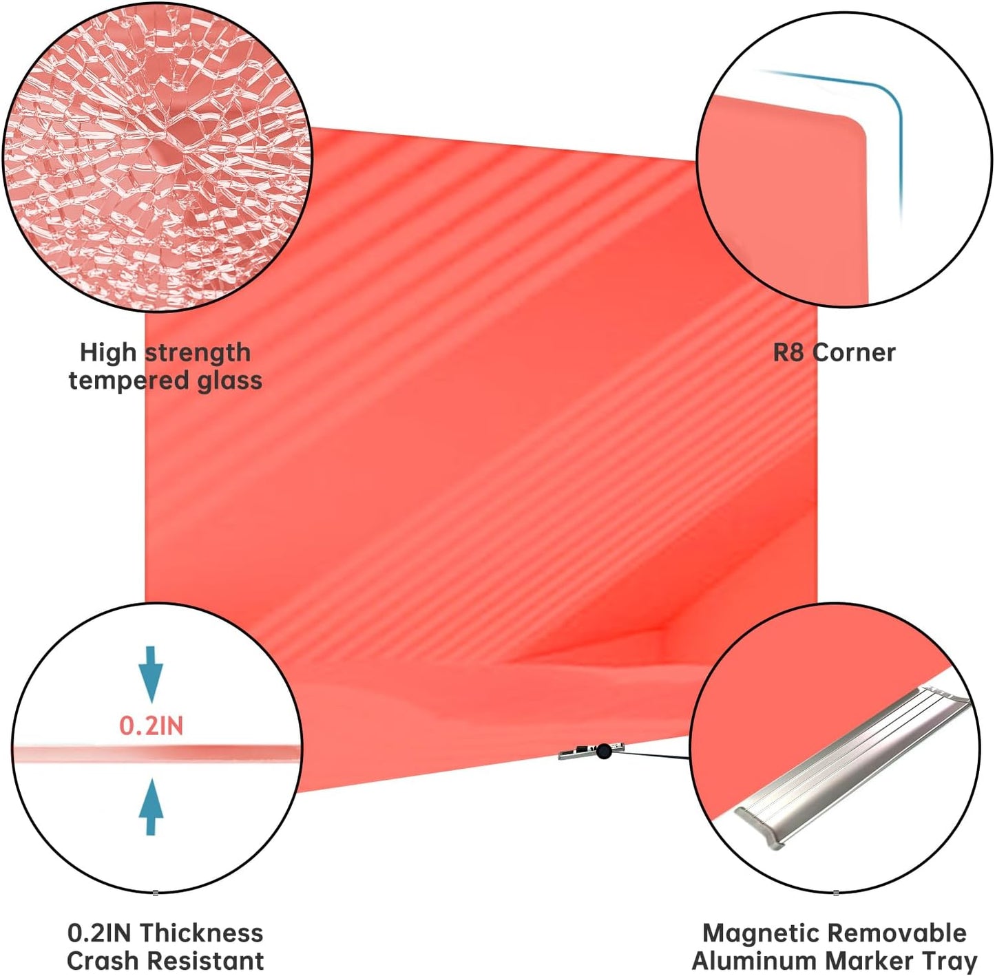 Magnetic Glass Whiteboard - Glass Dry Erase Board 48"x36" Large Frameless Glass Board for Walls Office School and Home, Red