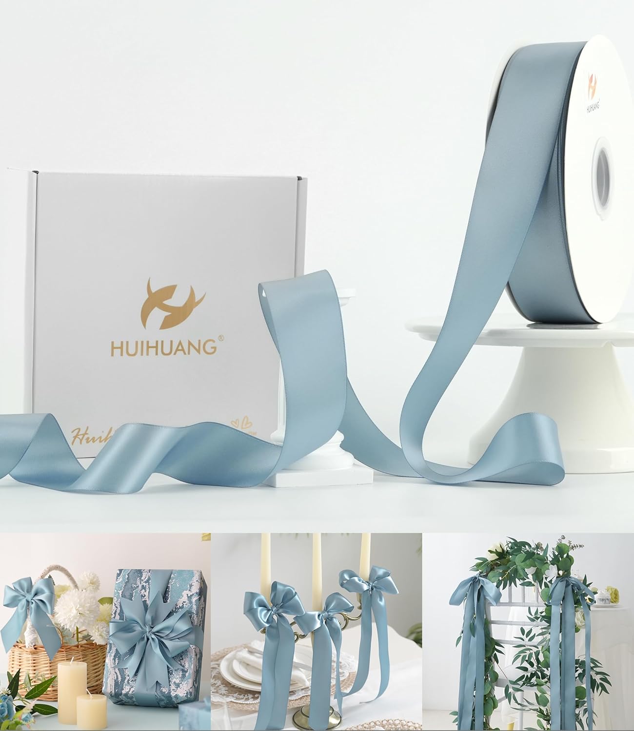 HUIHUANG Blue Satin Ribbon 1-1/2 inch x 100 Yards Dusty Blue Double-Faced Satin Ribbon for Flower Bouquet, Gift Wrapping, Eternal Roses, DIY Crafts, Bridal Shower Wedding Decor