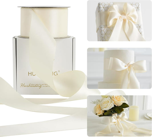 HUIHUANG Ivory Satin Ribbon 2 inch Wide Double Faced Satin Ribbon Beige Ribbon for Gift Wrapping, Bows Making, Flower Bouquet, DIY Crafts, Bridal Shower, Holiday Party Decor -25 Yards/Roll