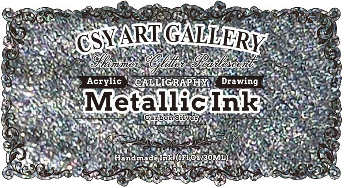 CSY Art Gallery Metallic Acrylic Paint Ink-Alcohol Inks -Crafts Paints Fast-Drying, Permanent Inks for Epoxy Resin, Tumblers, Fluid Art Painting, Glass, Metal, and More (Carbon Silver)