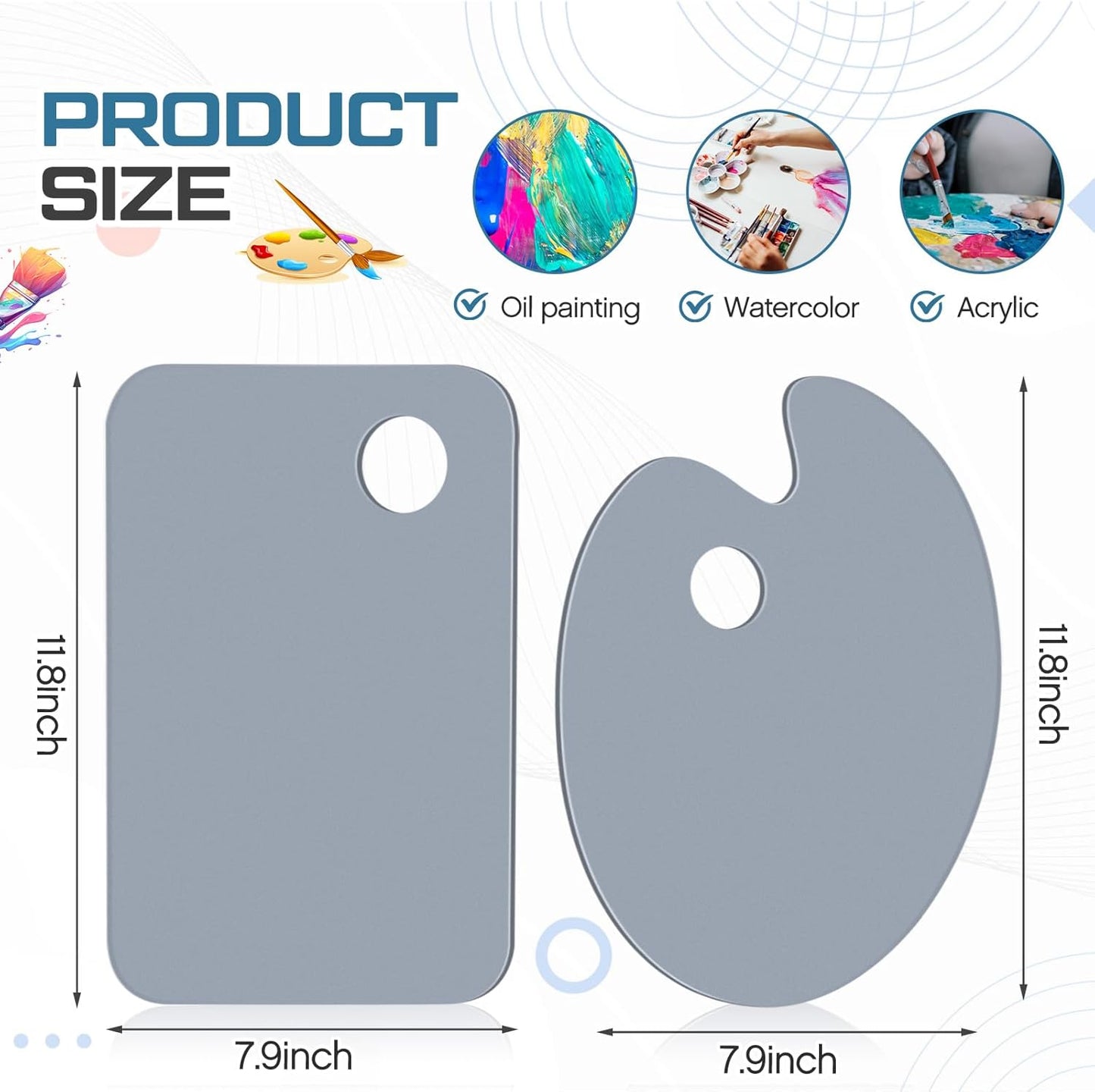 Honoson 2 Pack 11.8 x 7.9 Inch Acrylic Paint Palette with Thumb Hole Clear Paint Pallet, Easy to Clean Non Stick Artist Pallet for Oil Watercolor Craft DIY Painting Palette (Square and Oval)