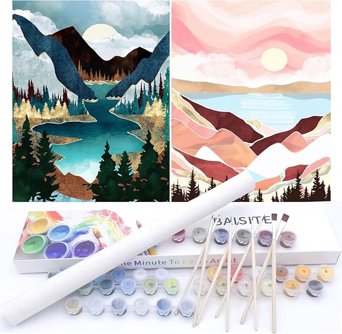 BAISITE Paint by Numbers Kit for Adults Beginners,12" Wx16 L 2 Pack Canvas for Painting Kits for Adults in Colorful Box-Sunset Lake Mountains1112