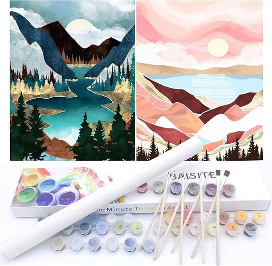 BAISITE Paint by Numbers Kit for Adults Beginners,12" Wx16 L 2 Pack Canvas for Painting Kits for Adults in Colorful Box-Sunset Lake Mountains1112