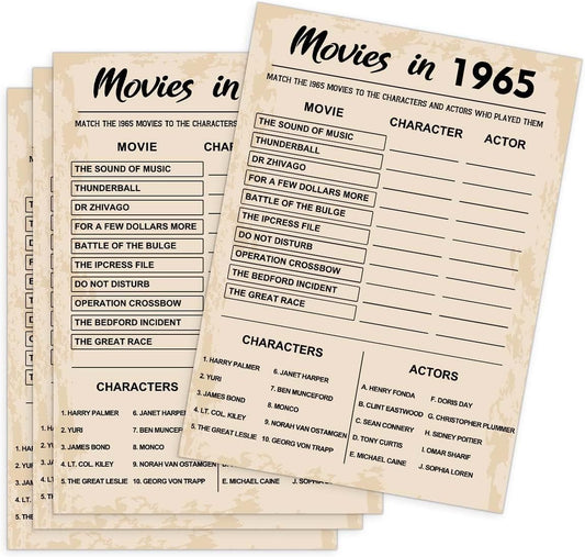 60th Birthday Party Games, Movies in 1965 Games, Birthday Party Supplies for Adults, Fun 1965s Party Game，Pack of 30 Cards
