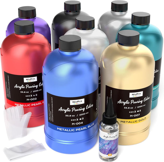 Nicpro 8 Colors 33.8 oz Large Bulk Metallic Acrylic Pouring Paint Supplies Kit, Premixed High Flow Art Pour Paint with Silicone Pour Oil, Gloves, Tablecloths for Beginner DIY, Ready to Pour