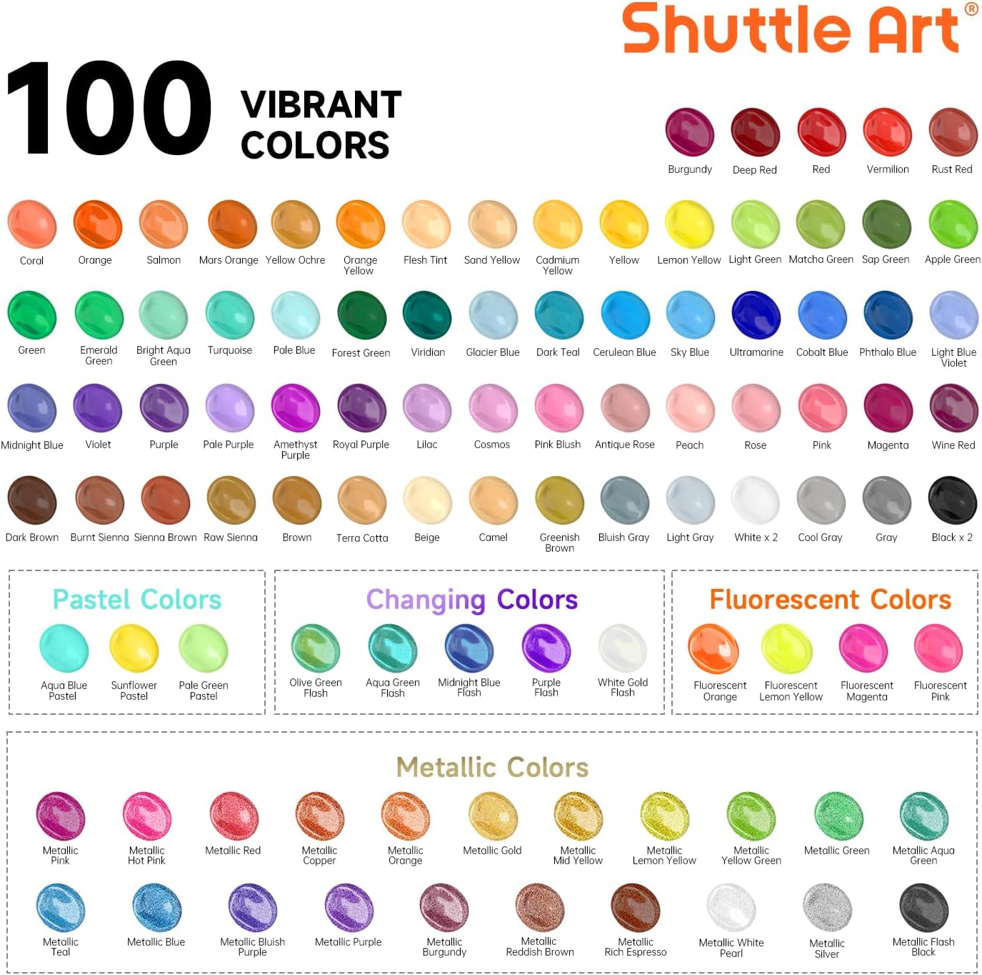 Shuttle Art 100 Colors Acrylic Paint, 2oz/60ml Bottles, Include 2 Sets of 12 Paint Brushes, 1 Art Sponge & Palette, Premium for Artists, Beginners & Kids on Canvas Rocks Wood Ceramic
