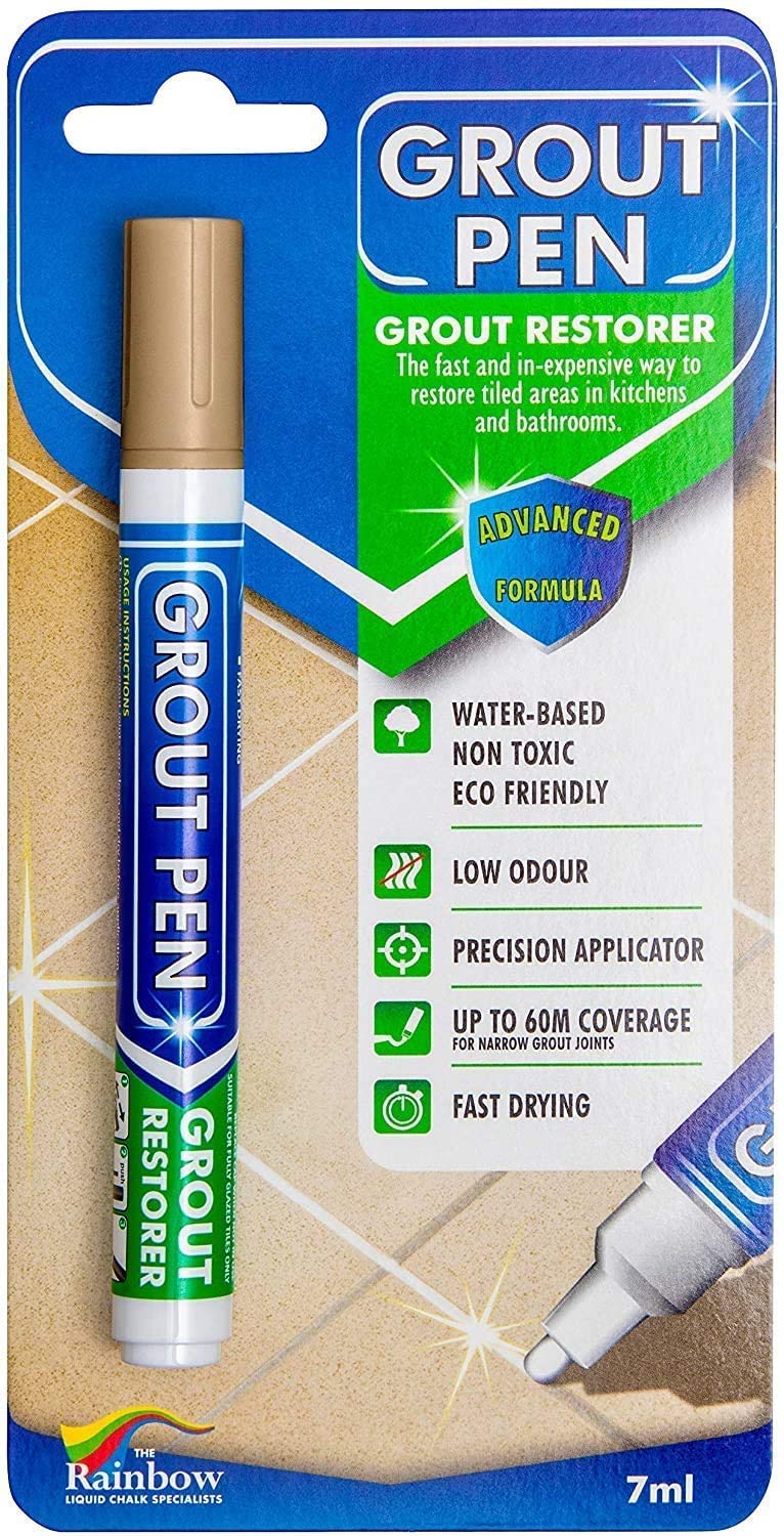 Grout Pen Beige Tile Paint Marker: Waterproof Grout Paint, Tile Grout Colorant and Sealer Pen - Beige, Narrow 5mm Tip (7mL)