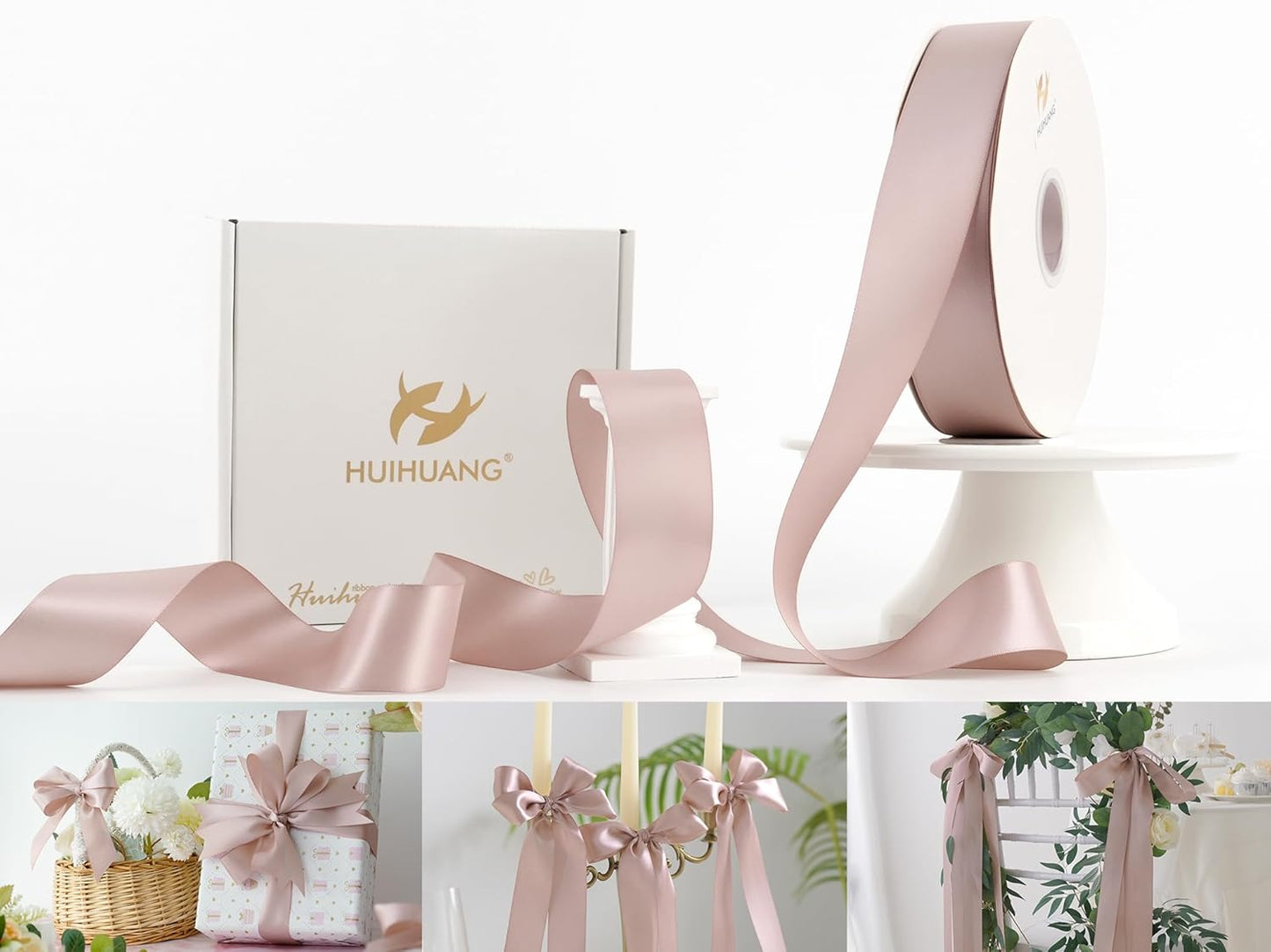 HUIHUANG Satin Ribbon 1-1/2 inch x 100 Yards Dusty Rose Double-Faced Satin Ribbon Dusty Pink Ribbons for Flower Bouquet, Gift Wrapping, Eternal Roses, DIY Crafts, Bridal Shower Wedding Decor