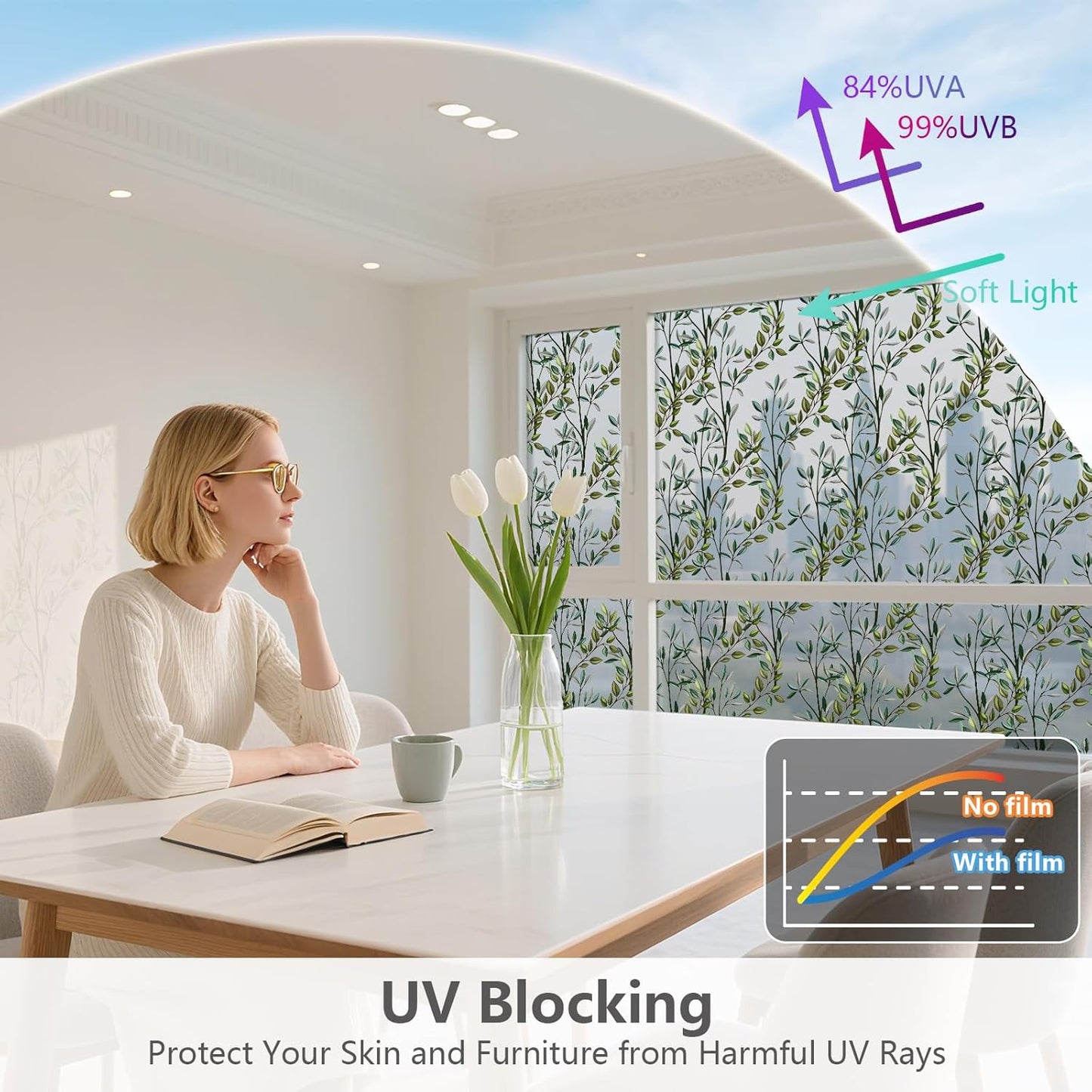 NINETREX One Way Window Privacy Film, Daytime Privacy Static Cling Sun Blocking Anti UV Reflective Window Tint for Home and Office 23.6 x 78.7 inches, Silver Leaf