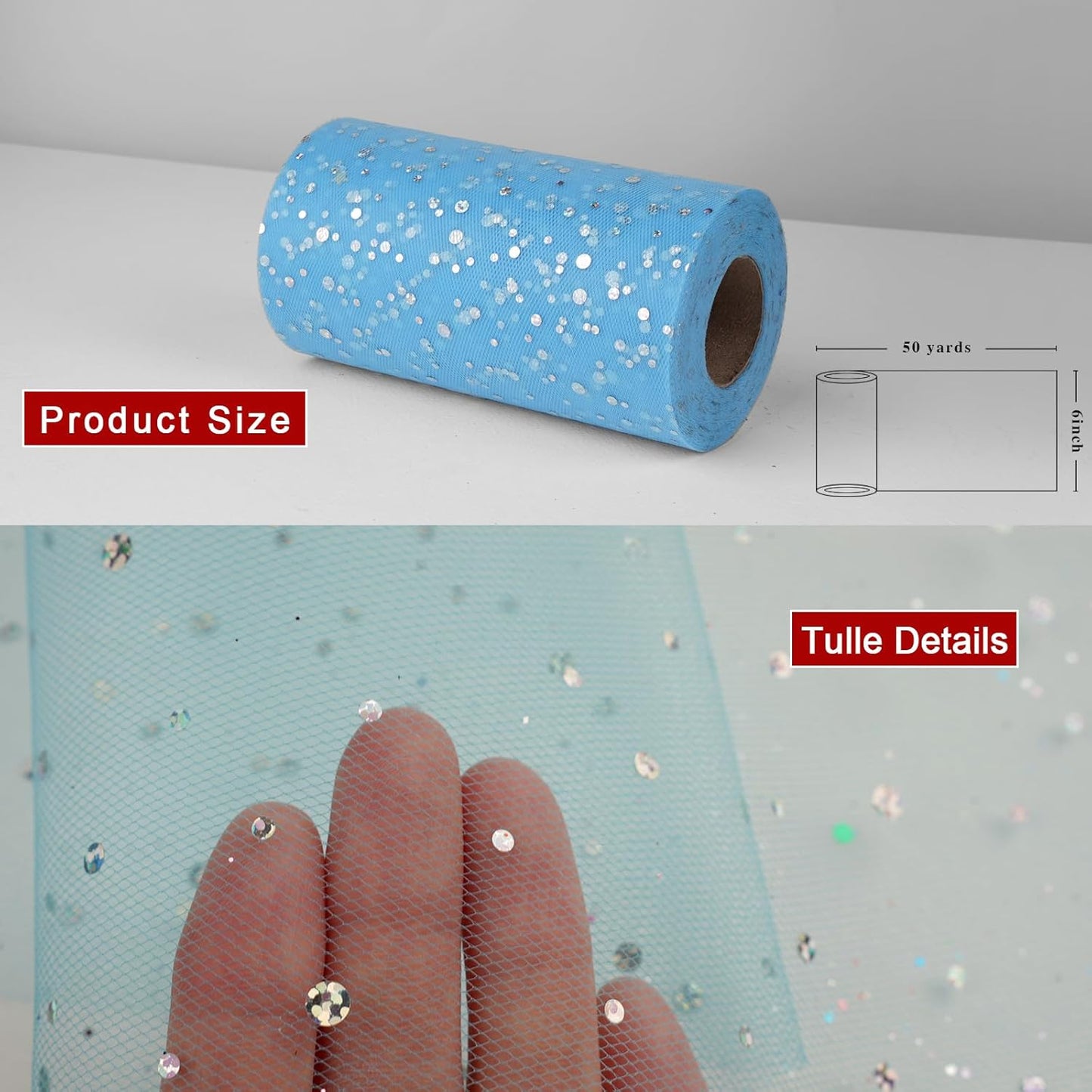 Glitter Tulle Rolls, 6” by 50 Yards (150FT) Sequin Tule Netting Fabric Tulle for Tutu Skirts Sewing Birthday Wedding Party Decoration (Light Blue)