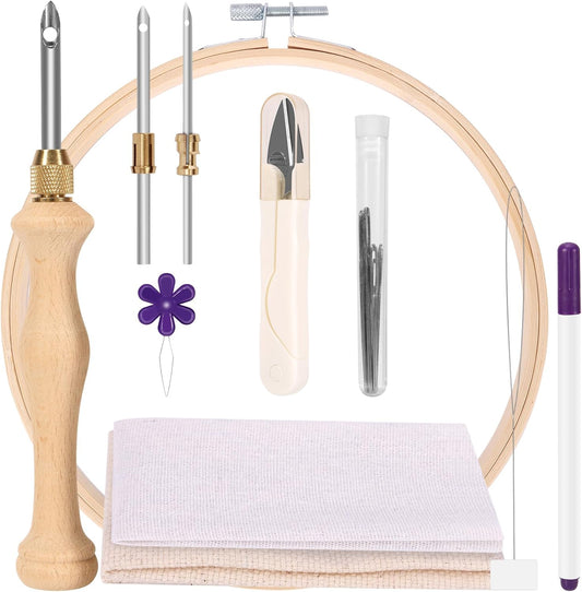 Pllieay 19 Pieces Punch Needle Starter Kit with Embroidery Hoop, Adjustable Wooden Needle Punch, Tufting Cloth, Rug Hooking Beginner Kit for Beginner Embroidery Floss Cross Stitching