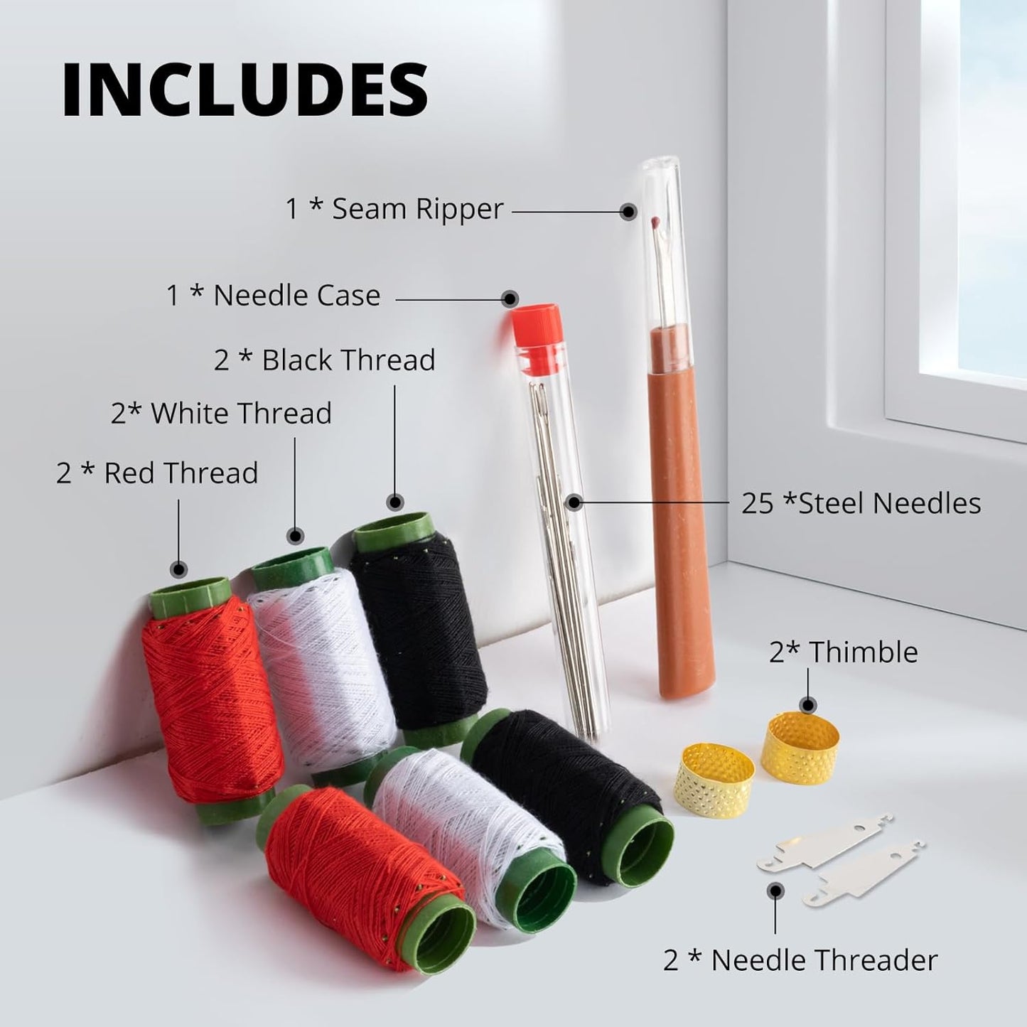 37 Pcs Big Eye Steel Sewing Needles Kit - Stainless Steel Needles for Hand Sewing Kit with Thread Ripper, Needle Threaders, Threads and Thimbles