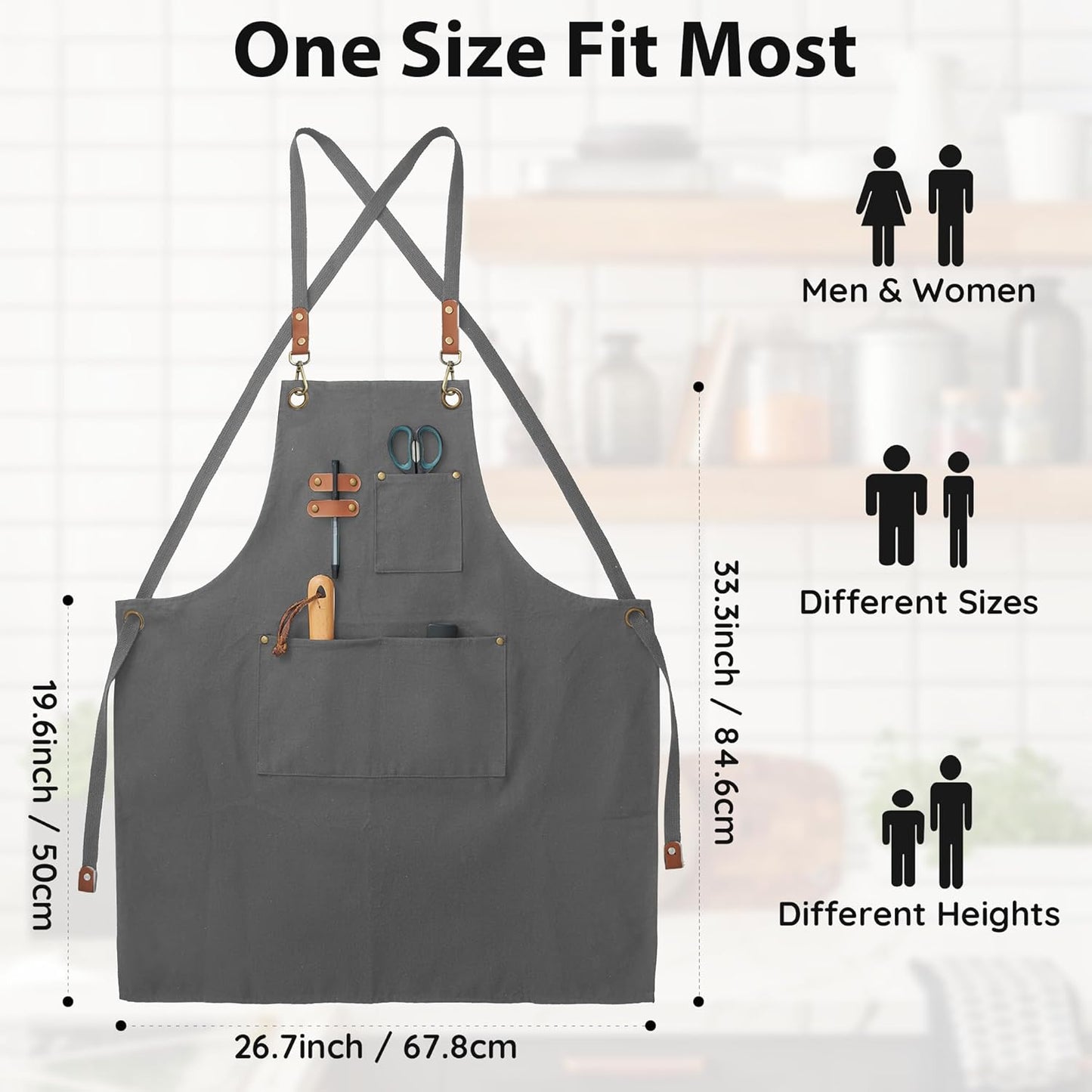 Canvas Aprons, Kitchen Chef Aprons, Work Aprons for Men Women, Adjustable Strap Aprons with 3 Pockets