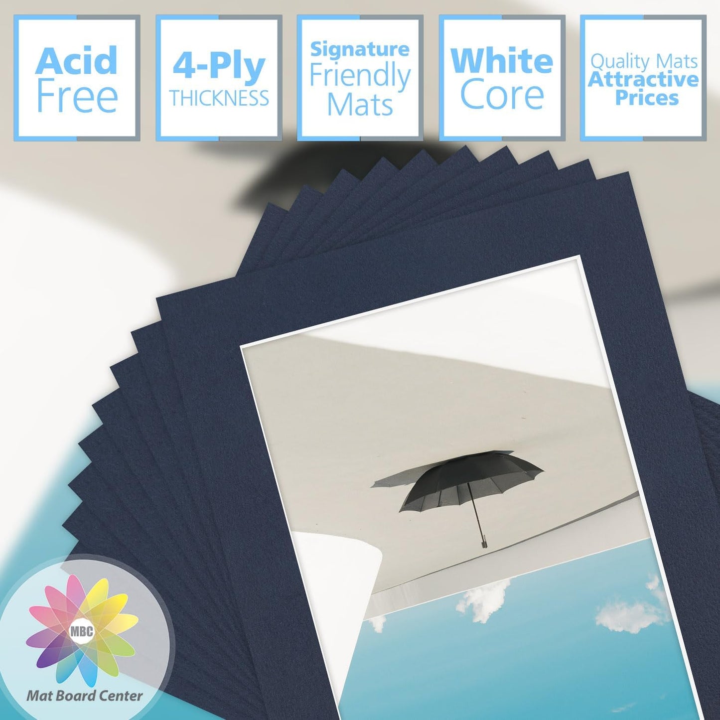Mat Board Center, Pack of 10, 5x7 for 4x6 Dignity Blue Color Mats - Bevel Cut, Acid Free, 4-ply Thickness, White Core - for Pictures, Photos, Framing