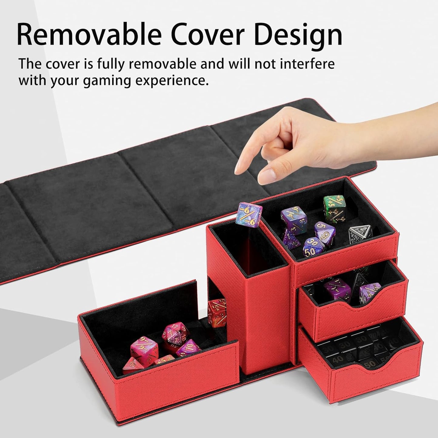 Dice Tray & Dice Tower Storage Box, 3 in 1 Dice Holder Case (Dice Rolling Tray, Rolling Tower, Storage Drawers), Leather Magnetic Closure DND Accessories Gifts for RPG MTG, Red/Black