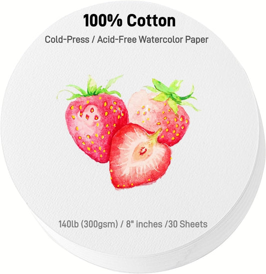 FEITAKE Round Watercolor Paper 100% Cotton/Cold Pressed / 140lb (300gsm) 8" Diameter 30 Sheets Pack Art Paper for Watercolor Gouache Ink Acrylic & Crafting