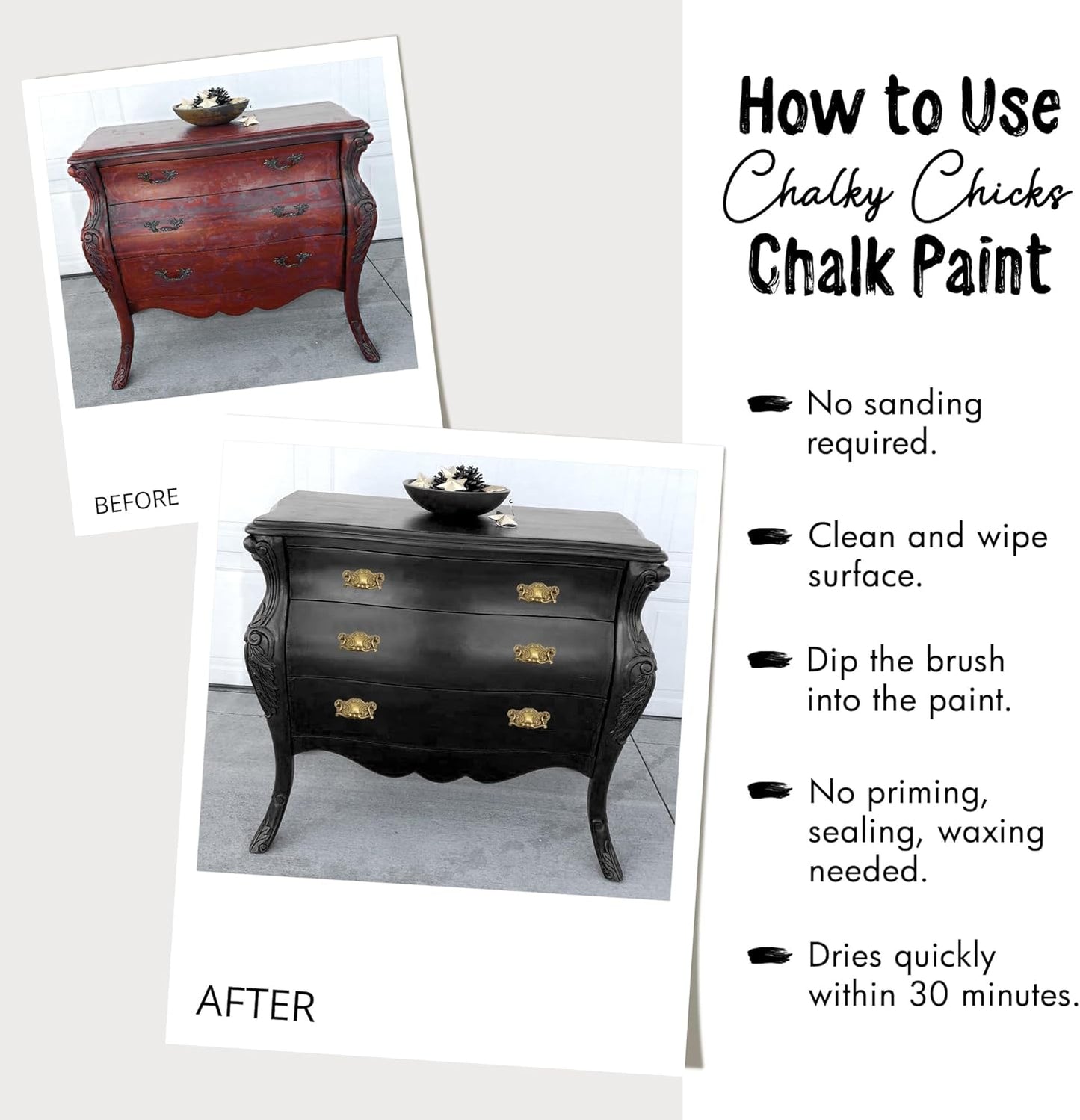 Chalky Chicks All-in-One Chalk Paint for Furniture or Cabinet - 16 Fl Oz - Matte Finish Starless Night Black for Metal, Wood Furniture Paint - No Sanding All-in-One for Home Decor & Crafts, USA Made