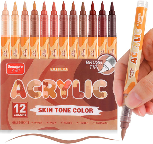 Guangna Acrylic Paint Markers 12 Colors, Skin Tone Series Set with Soft Brush Tip Water Based, Fine Tip Markers for Wood, Canvas, Rock Painting, Glass, Diy Crafts, Fabric Paint