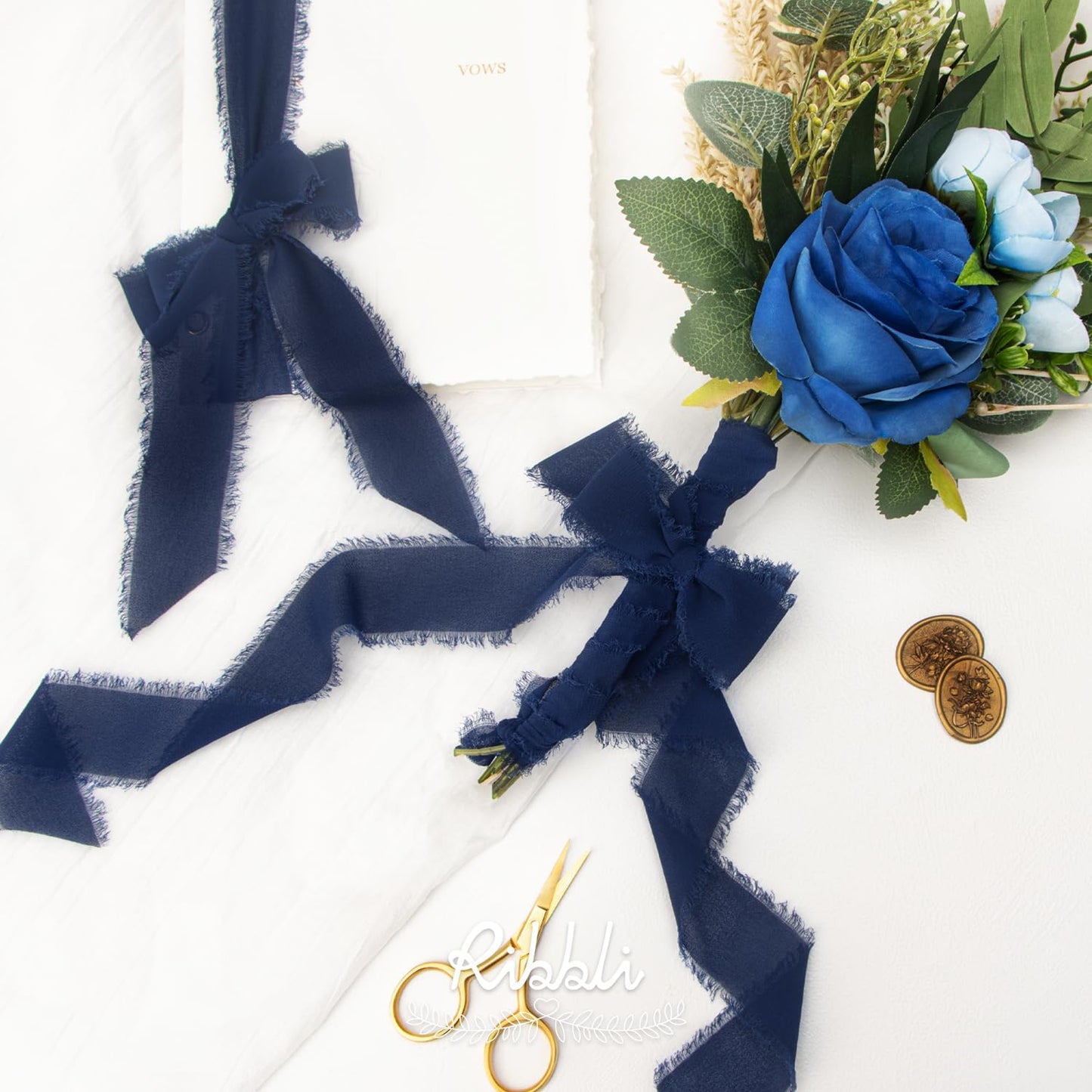 Ribbli Navy Chiffon Ribbon 1-1/2 inch x 20 Yard Handmade Fringe Chiffon Silk Ribbon,Navy Ribbon for Wrapping, Wedding Invitations, Bridal Bouquets, Home Decor