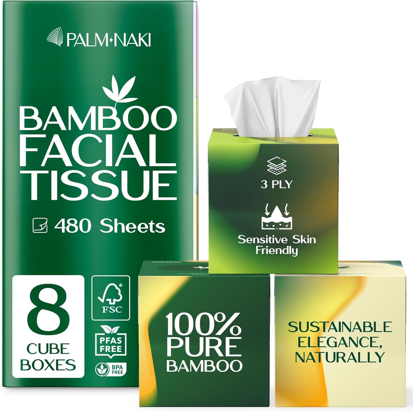 Bamboo Facial Tissue | 3-Ply Strong | Lint-Free, Fragrance-Free | Gentle for Sensitive Skin | BPA & PFAS-Free, FSC Certified | 8 Cube Boxes (480 Sheets) | PALM NAKI