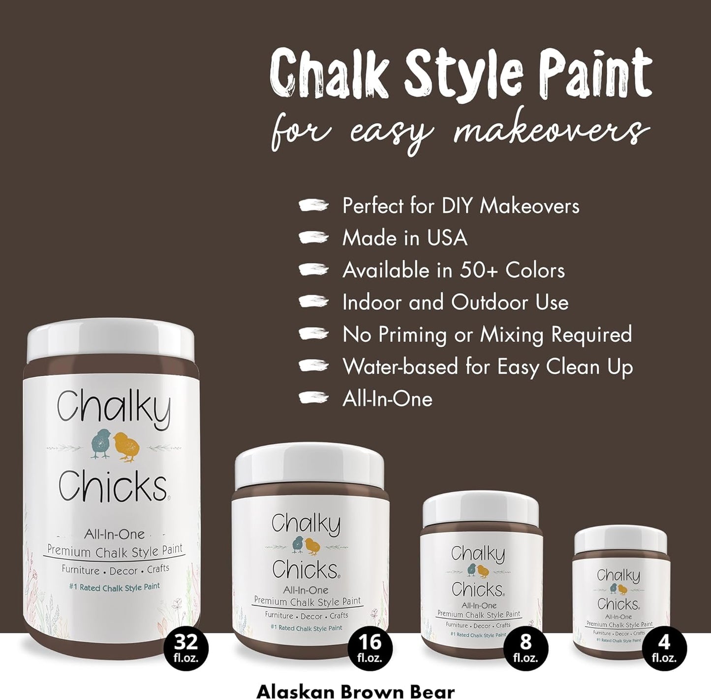 Chalky Chicks All-in-One Chalk Paint for Furniture or Cabinet - 8 Fl Oz - Matte Finish Alaskan Brown Bear for Metal, Wood Furniture Paint - No Sanding All-in-One for Home Decor & Crafts, USA Made
