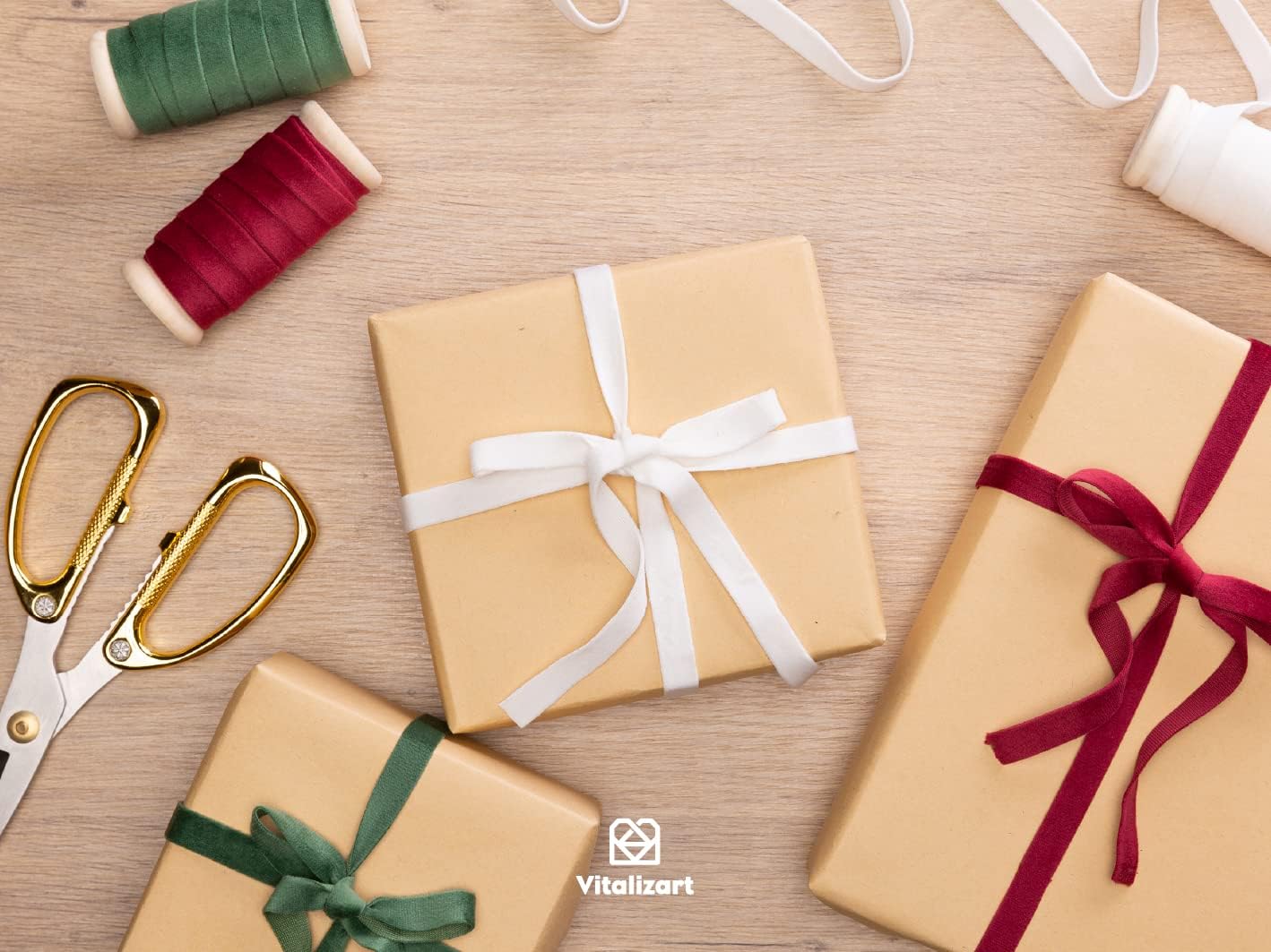 Vitalizart Christmas Velvet Ribbon Set 3/8" x 15 Yd Wooden Spool Fabric Trim 3 Rolls * 5 Yd for Christmas Wreath Decoration Handmade Craft Ornaments Gift Wrapping & Bow Making