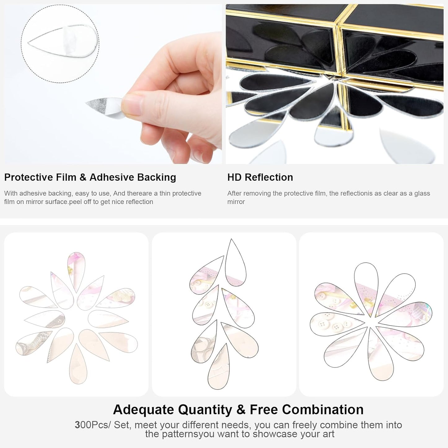 DARENYI 300Pcs Teardrop Craft Mirrors Mosaic Tiles Bulk Tiny Teardrop Craft Mirrors Stickers Pieces Mini Self-Adhesive Acrylic Mosaic Pieces for DIY Projects Wall Decor