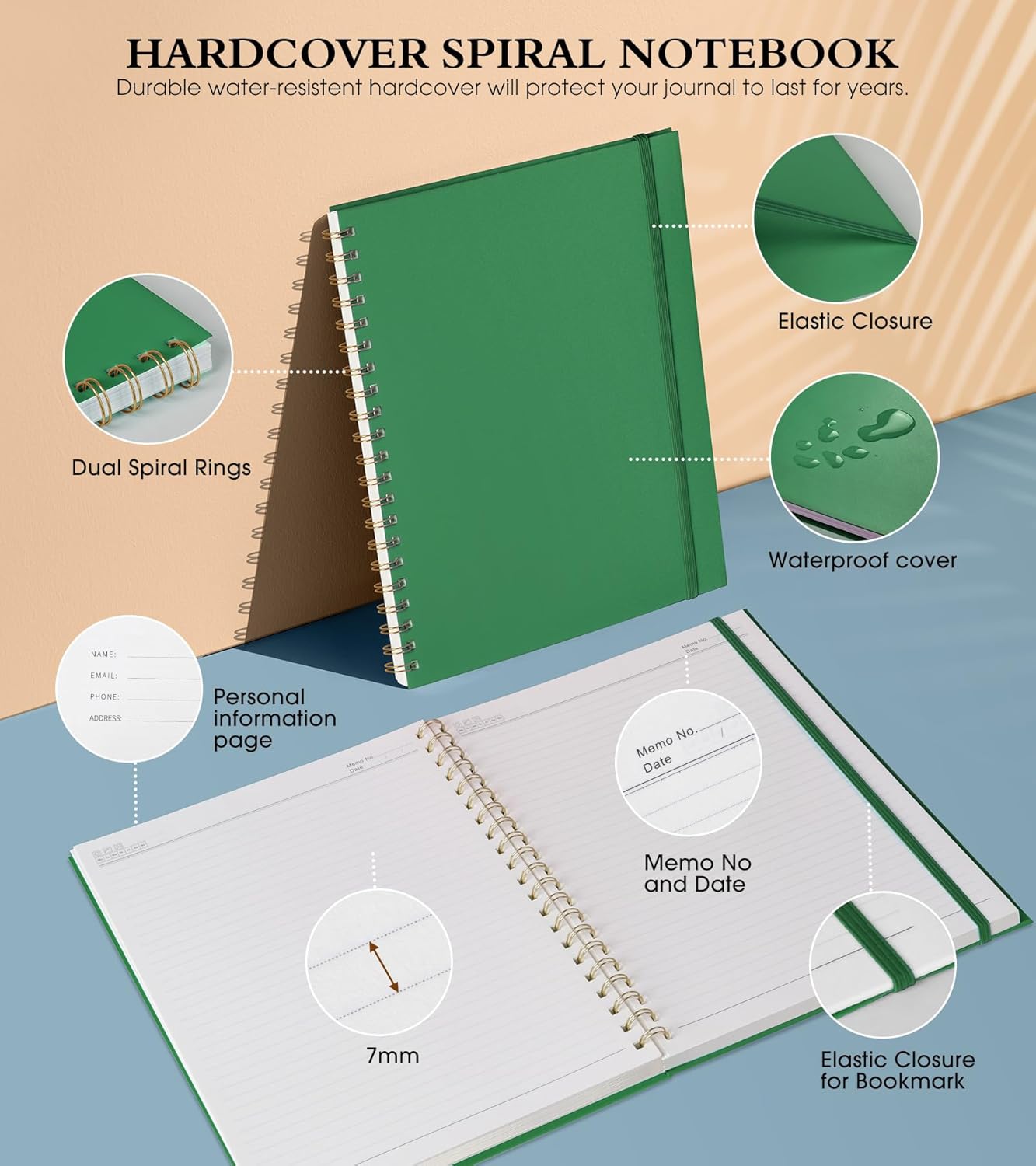 Spiral Notebook Journal 8.5” x 11”, A4 Large Notebooks for Women Men, College Ruled Lined Journal, 100 GSM Paper, Hardcover Spiral Bound Journals for Work School Writing Note Taking Business, Green