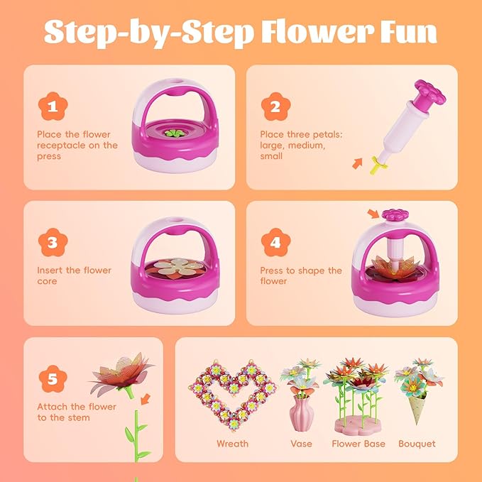 Fabric Flower Bouquet Craft Kit, DIY Arts & Crafts Toy for Kids, Creative Flower-Making Activity Set, Educational Preschool Toy, Perfect Birthday & Christmas Gift for Girls Ages 4 5 6 7 8+ (red)