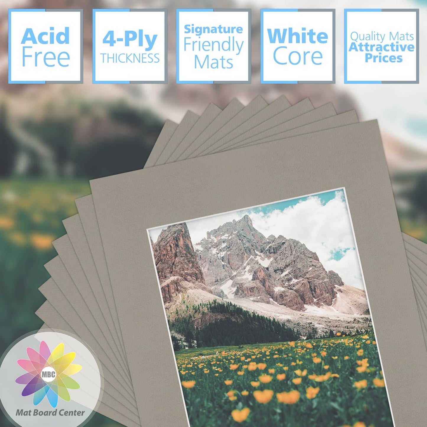 Mat Board Center, Pack of 10, 11x14 for 8x10 Middle Gray Color Mats - Bevel Cut, Acid Free, 4-ply Thickness, White Core - for Pictures, Photos, Framing