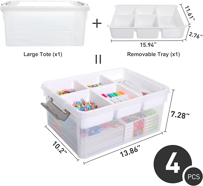 Citylife 17 QT Storage Box with Removable Tray Closet Organizers and Storage Clear Storage Container for Organizing, Craft, Tools, Files, Office Supplies, 4 Packs