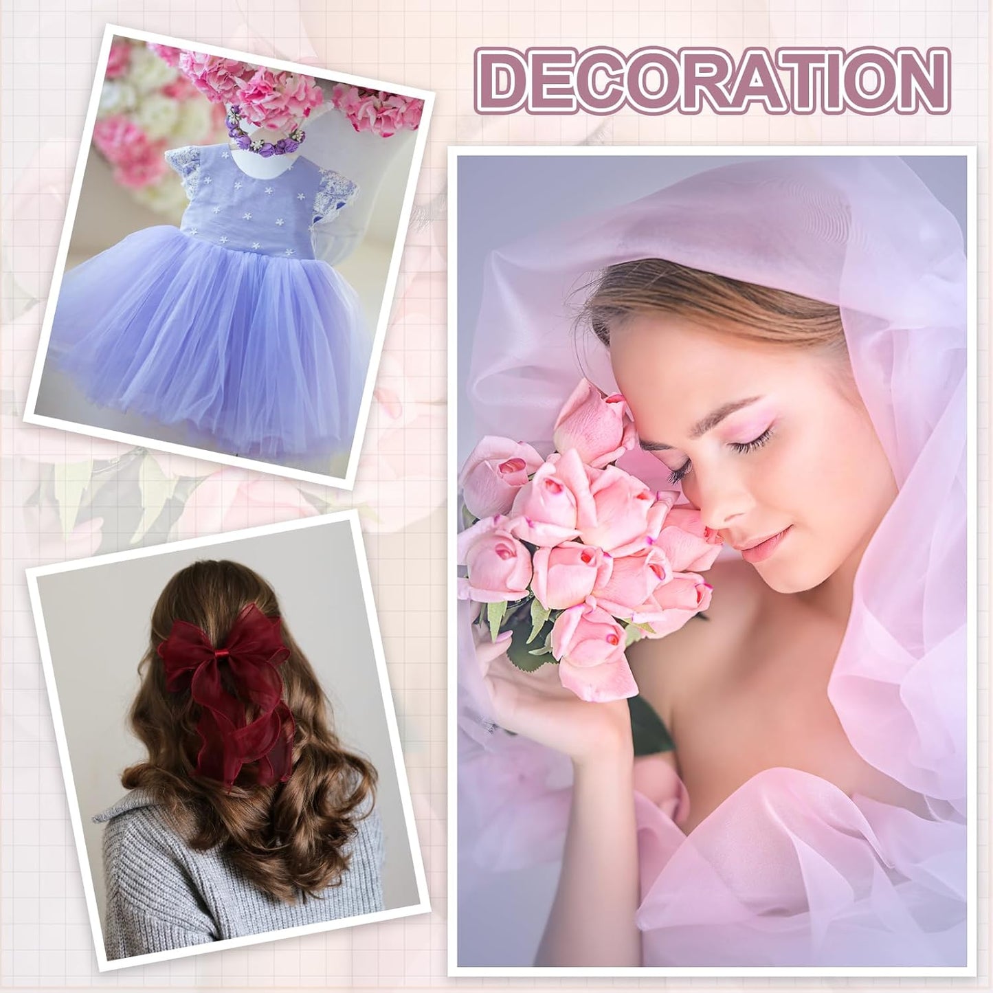 MECCANIXITY Iridescent Sheer Organza Fabric, 2 Yards x 59 Inches Solid Laser Holographic Shiny Fabric Organza Cloth for Wedding, Curtains, Costume, Photo Background, Light Pink