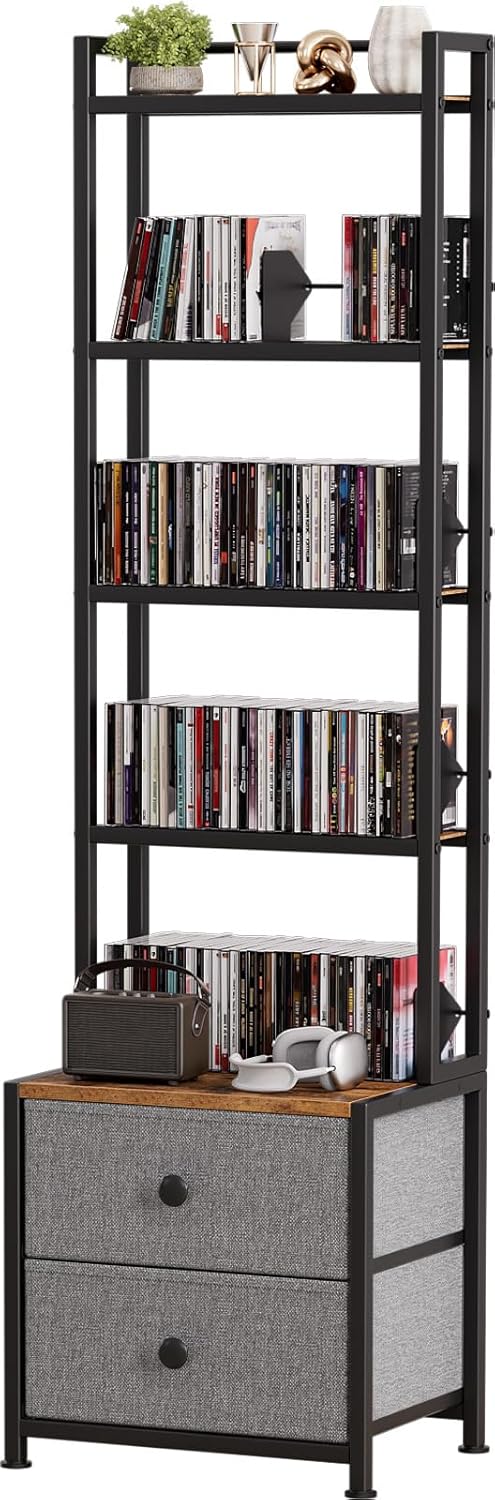 CD Storage Rack with Drawer, 5-Tier DVD Organizer Shelf w/Adjustable Book Stoppers, Media Storage Rack for CD/DVD, Books & Games, Ideal for Living Room & Home Office – 15.7x11.8x56.5Inches