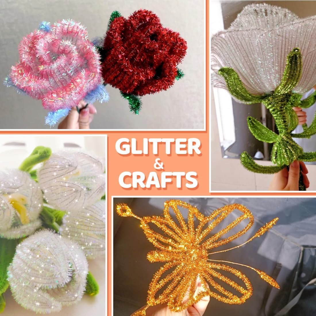 GAGANIU 500pcs Pipe Cleaners, Pipe Cleaners for Crafts, Craft Supplies Multicolor Chenille Stems for Art&Craft Christmas DIY Projects(Silver Glitter)