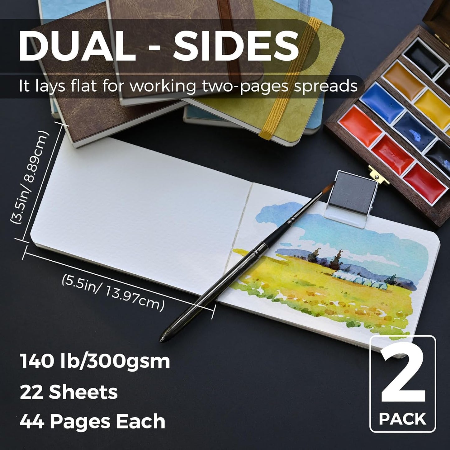 Funto Watercolor Journal 2-Pack, 3.5x5.5, 44 Pages Each, 100% Cotton Hot Press, PU Leather Green Hard Cover, Art Supplies for Mixed Media