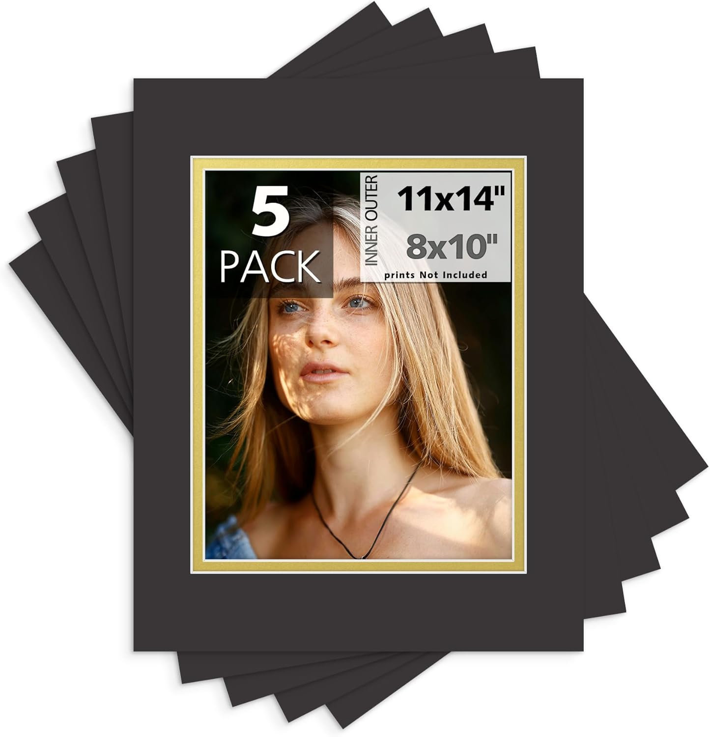 Mat Board Center, Double Mat - Acid Free, 8-ply Thickness, White Core - for Pictures, Photos, Framing (Black Over Gold, 11x14 for 8x10, Pack of 5)