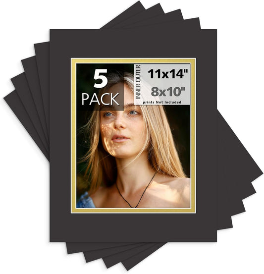 Mat Board Center, Double Mat - Acid Free, 8-ply Thickness, White Core - for Pictures, Photos, Framing (Black Over Gold, 11x14 for 8x10, Pack of 5)