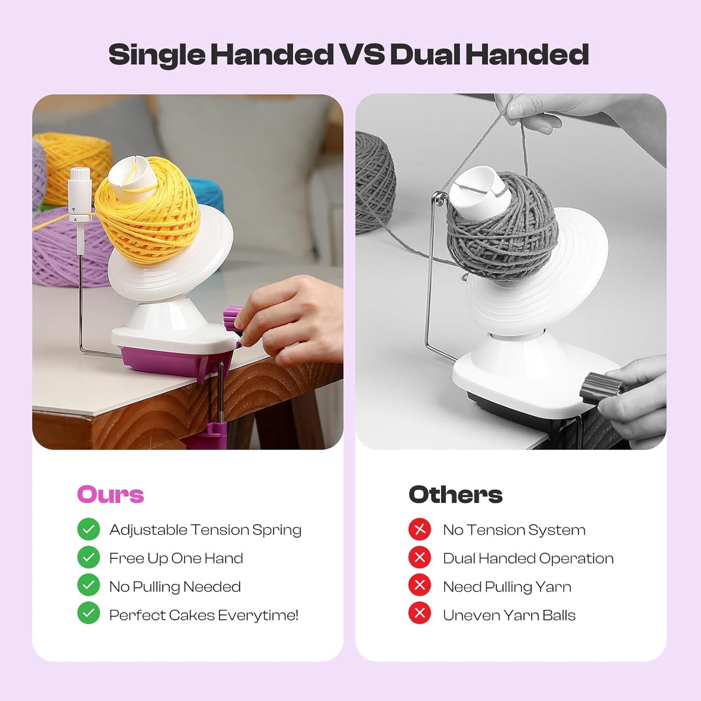 Caydo Yarn Winder with Tension Spring, One Hand Operated Winders, 4-7oz Efficiently Compact Cake Roller for Crocheting, Portable Ball Spinner for Crocheters, Ideal Helper for Craft Lovers(Purple)