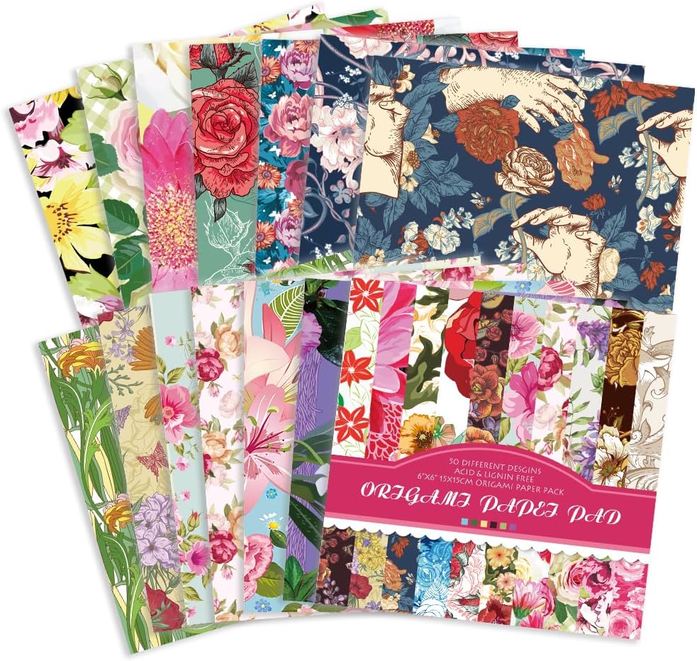 Origami Paper Kit 50 Sheets 70GSM 6 Inch Square Double Sided Color 50 Vivid Japanese Washi Chiyo Colors for Hand Crafts Origami Paper Arts Creativity.Rose