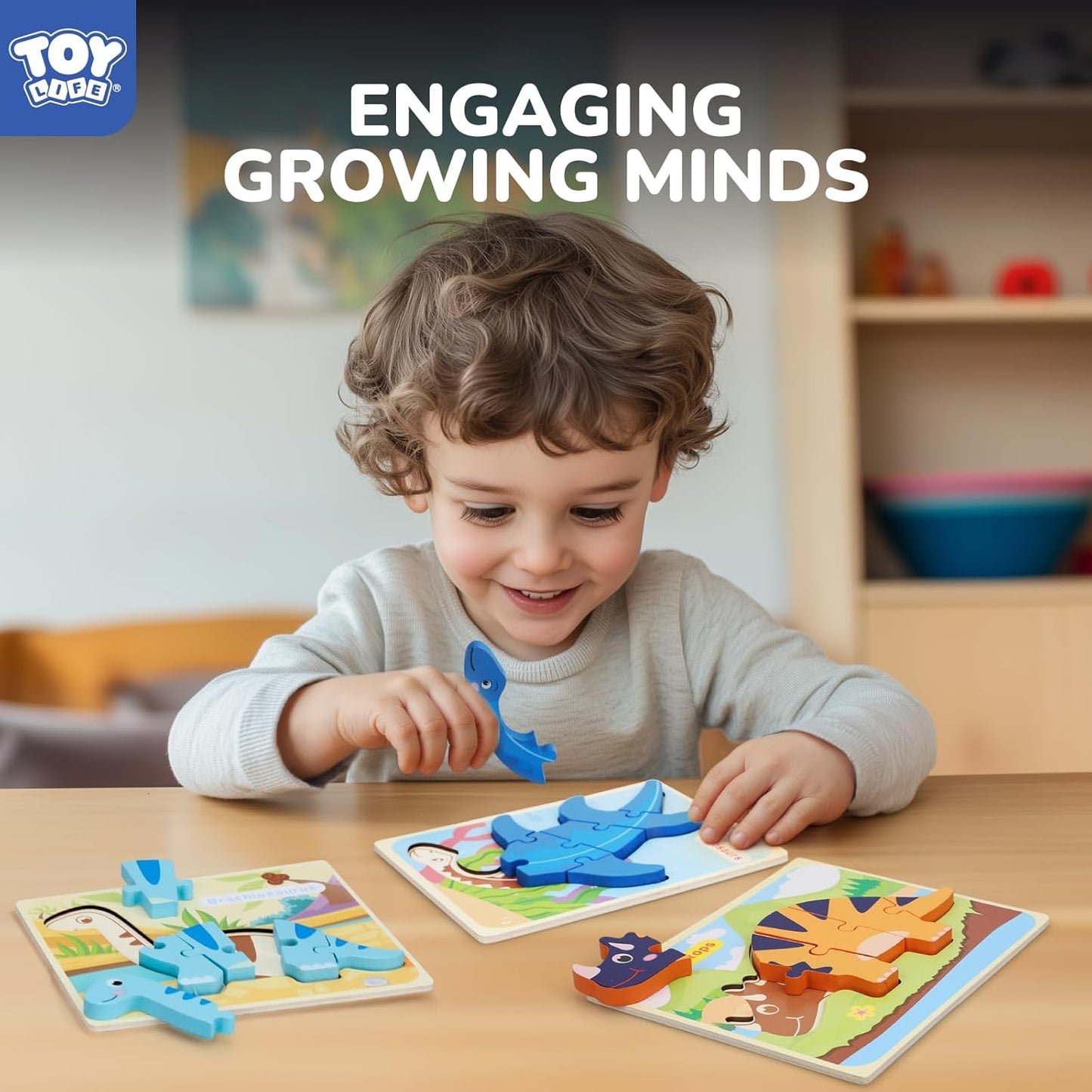 TOY Life Toddler Puzzles Ages 2-4, Wooden Puzzles for Toddlers 1-3, 7 Pcs Dinosaur Puzzle 2 Year Old, Puzzles for Kids Ages 3-5, Toddler Boy Toys 2-3, Educational Learning Toys for 3 Year Old