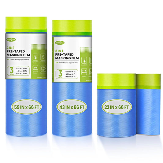 Pre-Taped Masking Film for Painting, 59/43/ 22 in * 66 FT, 3-Rolls Painters Plastic Sheeting with Widened Paint Tape and Drape for Covering Walls, Windows, Cars & Furniture Protection