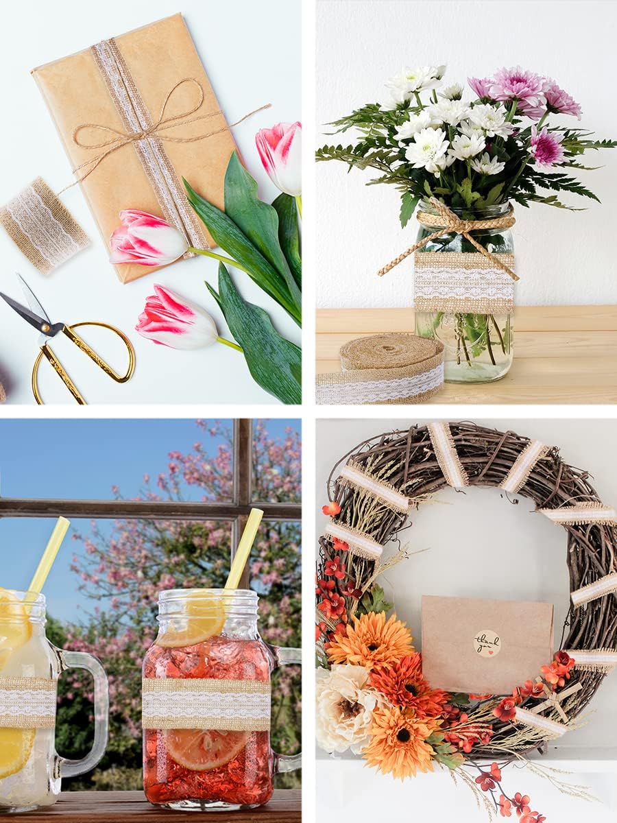 Mandala Crafts Burlap and Lace Ribbon 1 Inch Wide Jute Ribbons for Crafts - 20 Yds Roll Rustic Burlap Wrap Trim Ribbons for Wreaths Bows Wedding Party