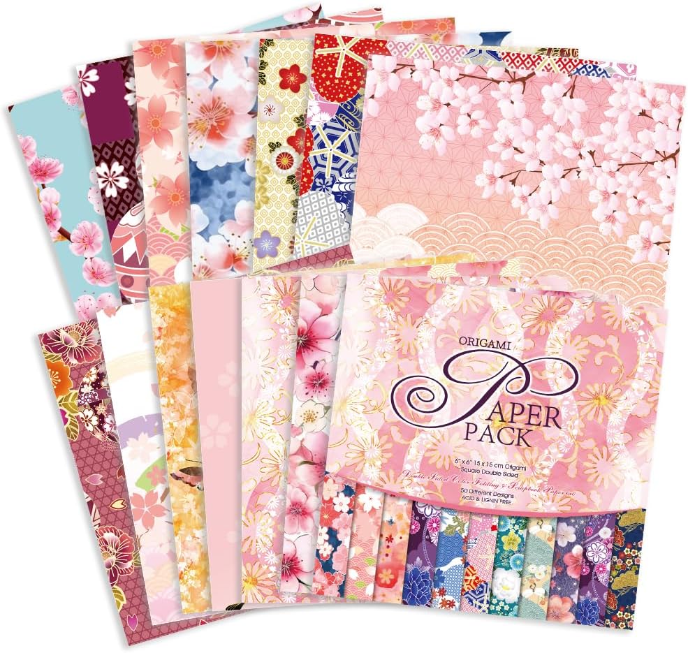 Origami Paper Kit 50 Sheets 70GSM 6 Inch Square Double Sided Color 50 Vivid Japanese Washi Chiyo Colors for Hand Crafts Origami Paper Arts Creativity.Japanese Sakuras