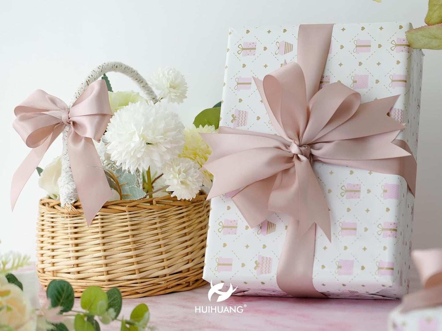 HUIHUANG Satin Ribbon 1-1/2 inch x 100 Yards Dusty Rose Double-Faced Satin Ribbon Dusty Pink Ribbons for Flower Bouquet, Gift Wrapping, Eternal Roses, DIY Crafts, Bridal Shower Wedding Decor