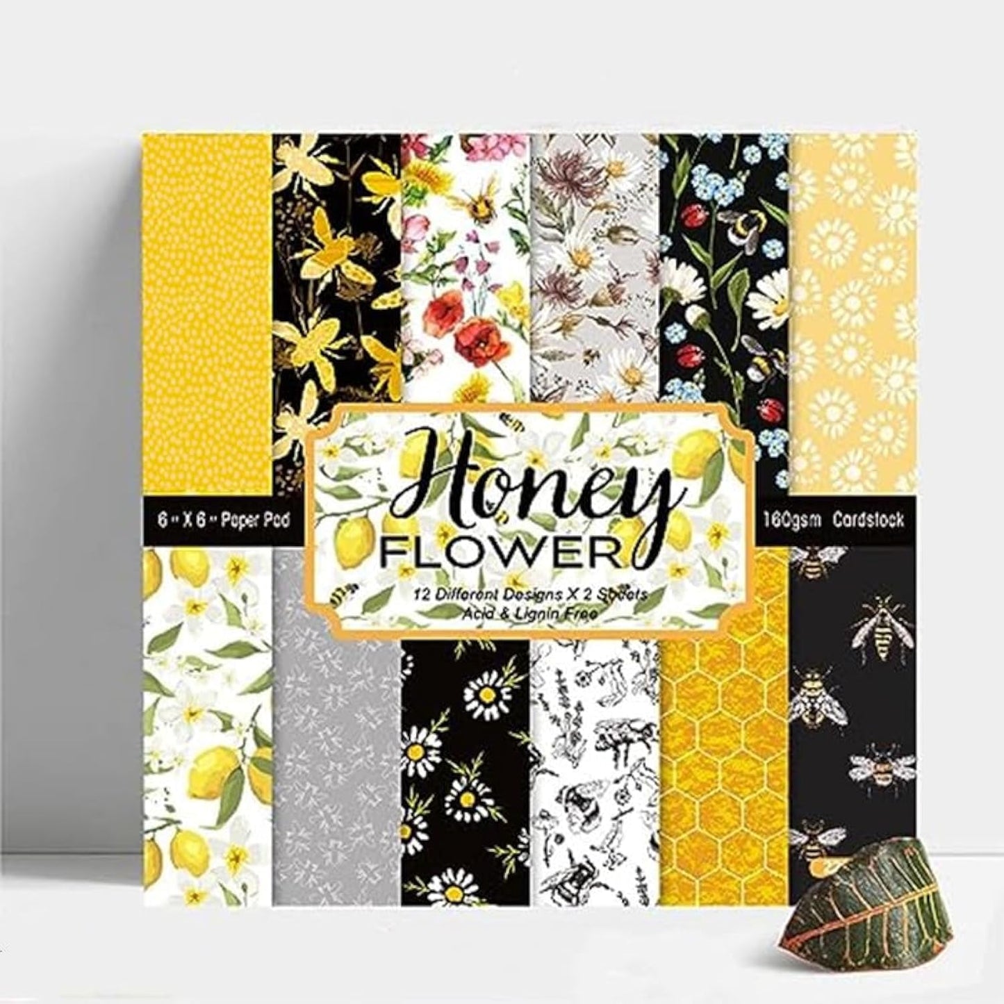 Honey Bee Pattern Paper Pack Yellow Black And Gray 24 Sheets Decorative Scrapbooking Paper Pad 6x6 Floral Craft Paper Single-Side Card Making Supplies for Junk Journal, Origami, Holiday Journaling