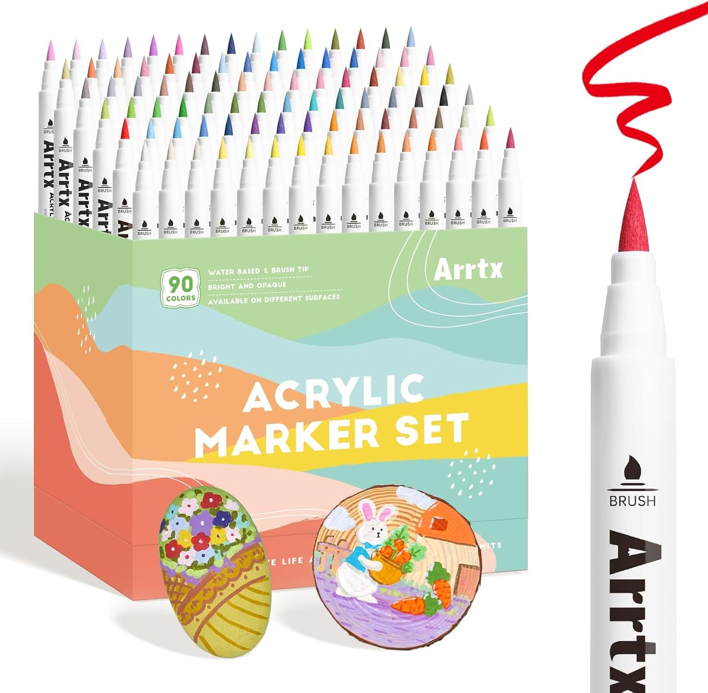 Arrtx 90 Colors Paint Markers Pens, Acrylic Paint Pens for Artists Adults Coloring Drawing Landscape Scenery Natural- Brush Tip for Rock Painting, Wood, Canvas, DIY Crafts Making Art Supplies-90B